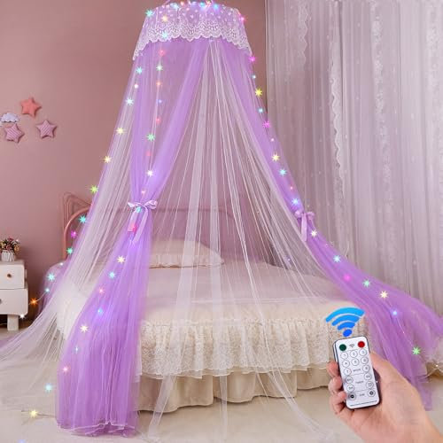 MHJY Bed Canopy for Girls with LED Lights Double Layer Mesh Princess Bed Curtains Kids Fairy Dream Play Tent Children Mosquito Net Room Bedroom Accessories, Purple
