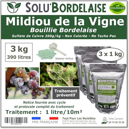 Solu'Bordelaise - 3 kg de Bouillie Bordelaise - Mildiou de la Vigne - Utilisable Agriculture Biologique - 3 Sachets Refermable de 1 kg