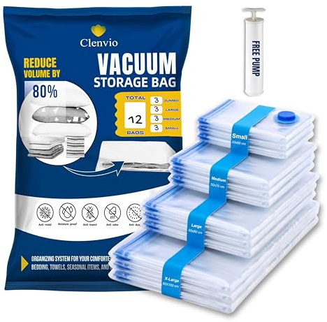 Clenvio Vacuum Compression Storage Bags with Free Hand Pump, 12 Pack Mixed Sizes, Transparent, Airtight Seal, Space Saver Bags for Clothes and Bedding Transparent 7 Layers Premium