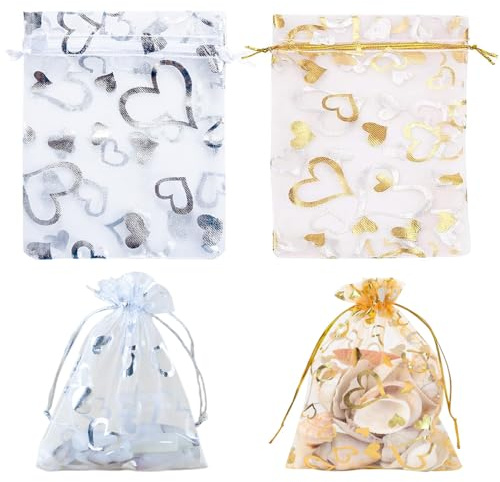 Sctmda Organzasäckchen Weiß 100 Stück Druck Organzabeutel 7×9cm Kordelzug Geschenkbeutel Klein Mesh Organza Beutel Klein Organza Säckchen Befüllen Geschenksäckchen für Hochzeit Party Festival