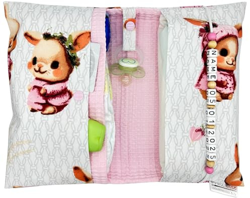 Generisch Frau Else Personalisierte Windeltasche mit Name und Datum für unterwegs, Häschen-Design mit Waffelpiquet in Rosa, Große Wickeltasche für bis zu 4 Windeln + Feuchttücher, Wickelorganiser