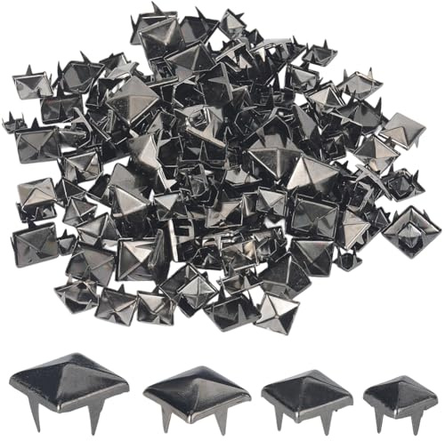 GORGECRAFT 200 Stück 4 Größen Quadratische Metallnieten Spikes Pyramidenförmige Nagelkopfnieten Gunmetal Punk Ledernieten Vierbackige Quadratische Spikes Mit Ahle Für Schuhe Kleidung DIY Projekte Tasc