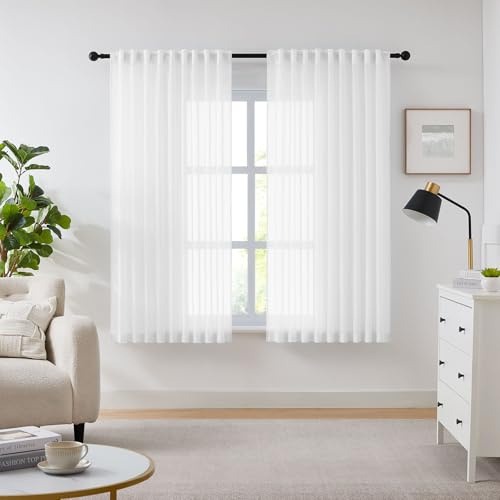 Melodieux Vorhänge für Schienensystem, Stores Gardinen mit Kräuselband Weiß, 175×137cm (H×B) 2er Set