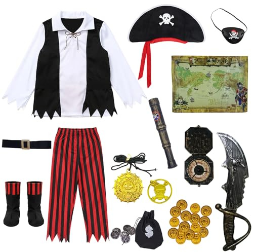 5 Stück Set Piratenkostum Kinder, 29Pcs Piraten Kostüm Accessoires mit Piraten Fernrohr Kinder Augenklappe Karte Kompass für Deko Kindergeburtstag Party Halloween Karneval Maskerade Cosplay 5-6