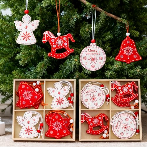 DAHI 24pcs Weihnachtendeko Holz Anhänger in rot Holz Christbaumschmuck Weihnachten Anhänger Baumschmuck Weihnachtsanhänger (White red D)