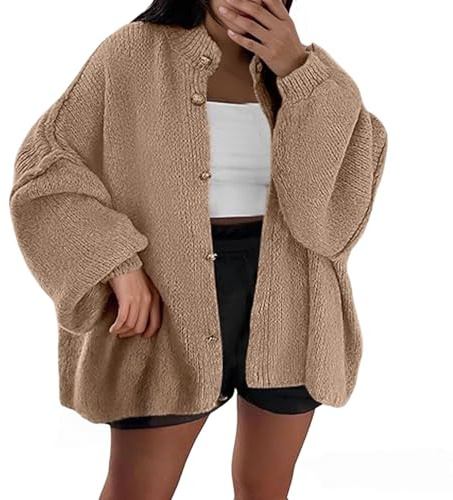 Strickjacke Damen Kurz Laternenärmel Cardigan Open Front Knopfleiste Oversized Langarm Lose Strickmantel Winter Französische Mode Metallknöpfen Lockerem Rundhalsausschnitt eleganter Sweater (Khaki, S)