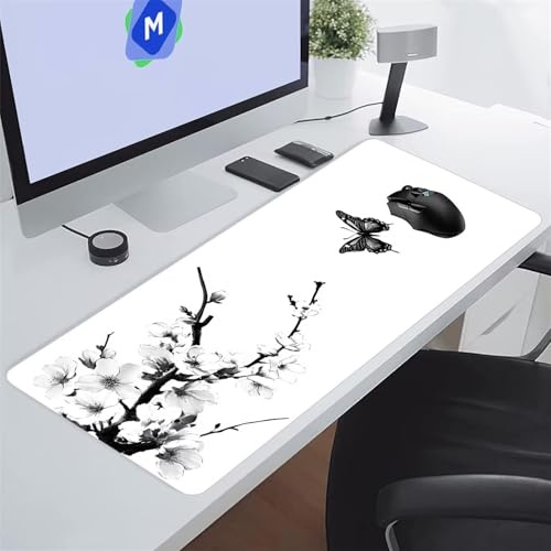 Tapis de Souris XXL Gaming 1200x600x2 mm Fleur Papillon Blanche Grand Tapis de Souris Gamer avec Base antidérapante Grand Tapis de Bureau Haute précision et Vitesse pour Jeux/Bureau/Maison