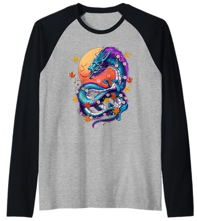 Drago Giapponese Fiore di Ciliegio Giappone Mitologia Maglia con Maniche Raglan