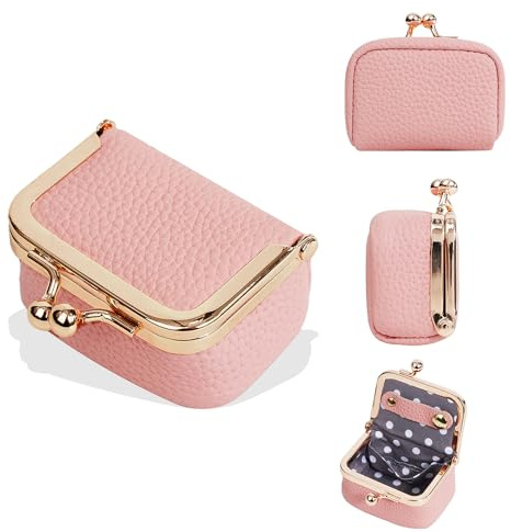 XFSRG Mini Schmuckkästchen aus echtem Leder Schmuckorganizer Klein Tragbar Schmucketui mit Kussverschluss für Ohrringe Ringe Ketten und Armbänder (Rosa)