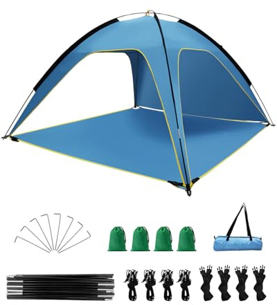 MYMULIKE Sombrilla de playa UV50+, protección solar, 210 x 210 x 130 cm, para 4-6 personas, poliéster 190T con varillas de fibra de vidrio de 8 mm, portátil, con bolsas de arena/clavos, para playa