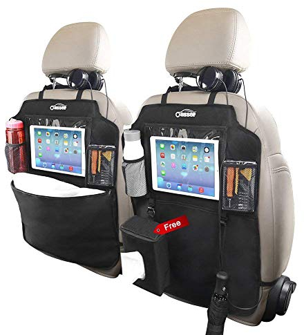 Oasser 2PCS Kick Mats Car Organisers Waterproof Seat Back Protectors with 12.9'' iPad Tablet Touch Screen Holder Multi Pockets Including Tissue Box