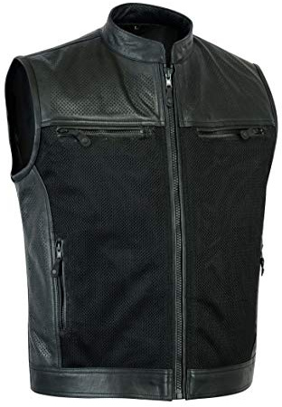 Leatherick herr perforerad stil topp korn buffalo läder cyklister väst, Svart, M