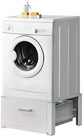 [en.casa] Pedestal para Lavadora Comfortixx con Cajón Soporte Mueble máx. 150 kg Base Lavadora Estándar Mayor Confort Patas con Goma Acero 63 x 54 x 31 cm Blanco
