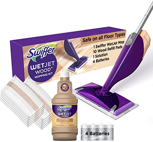 Swiffer Wetjet - Kit di pulizia per pavimenti in legno, multiuso, include: 1 mocio, 10 pastiglie, soluzione per la pulizia