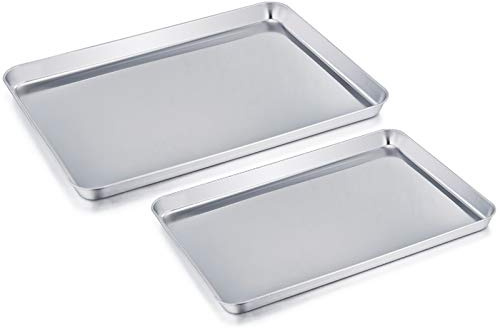 TEAMFAR bakplåt set om 2, rektangulär bakform, kakplåt av rostfritt stål för bakning matlagning servering, giftfri och hälsosam, högglanspolerad, lätt att rengöra och diskmaskinssäker