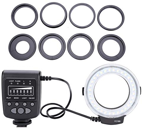 Anneau Lumineux pour caméra Flash LED, kit Flash avec éclairage annulaire LED, adaptateurs annulaires et contrôleur Flash avec écran LCD pour Reflex numérique, 7 Modes de luminosité, 4 Modes Flash