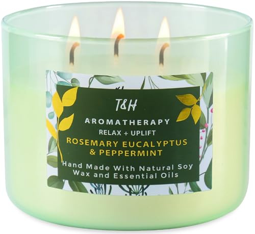 Rosemary Eucalyptus Peppermint 3 Wick Candle for Home Scented | 15.8 oz Large Soy Candle | Spa Aromatherapy Candles for Home Stress Relief | Clean Burn | Gift for Women & Men