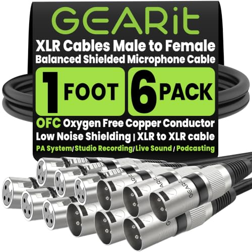 GEARit XLR to XLR Microphone Cable (1 Feet, 6 Pack) XLR Male to Female Mic Cable 3-Pin Balanced Shielded XLR Cable for Mic Mixer, Recording Studio, Podcast - Black, 1Ft, 6 Pack