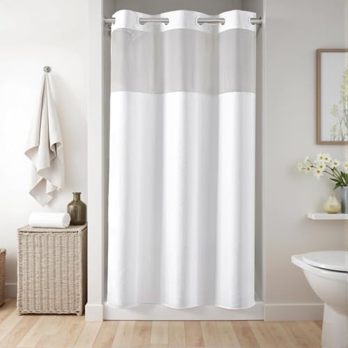 River Dream Stall No Hook Shower Curtain or Liner with Sheer Window, No Liner Included or Needed, Water Repellent, Machine Washable (White, 36 Wx74 L)