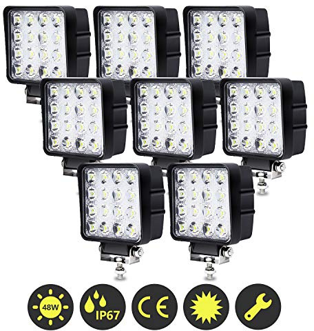 Einfeben Phares de travail LED rectangulaires IP67 étanches 12 V 24 V pour camions, tout-terrain, SUV, VTT, feux de recul pour tracteur (48 W 8 pièces)