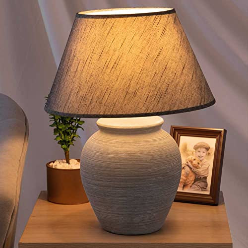 BAKAJI Lampada da tavolo Base a Vaso in Ceramica Paralume in Tessuto Grigio Lume Comodino Camera da Letto Luce Lampadina E27 Max 40W Abatjour Design Moderno Dimensioni 41,5 x 32 cm