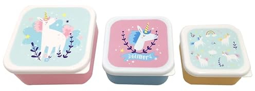 Puckator Unicorn Magic - Juego de 3 fiambreras para almacenamiento de aperitivos S/M/L, lonchera con múltiples compartimentos, recipientes pequeños para alimentos, lonchera para adultos y niños,
