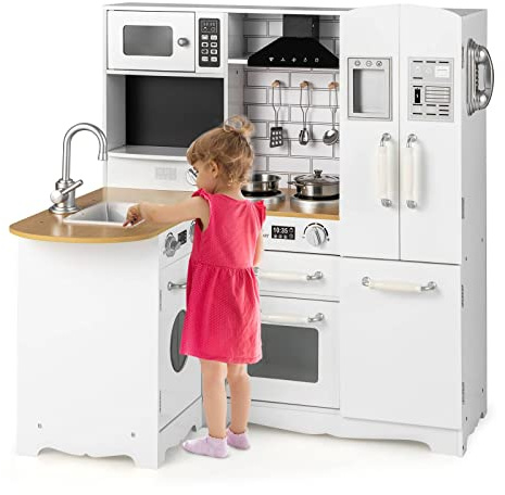 Maxmass Kids Corner Kitchen Playset, Wooden Play Kitchen with Microwave, Oven, Sink, Stove, Refrigerator, Water Dispenser and Utensils, Role-Play Toy Kitchen Cooking Set for 3+ Year Old (11-in-1)