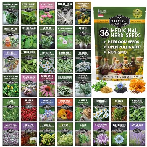 SURVIVAL GARDEN SEEDS Ultimate Medicinal Herbs 36 Variety Pack - 28,000+ Herb Seeds for Planting Essential Healing Plants - Mixed Assortment with Culinary, Medicinal, Tea Herbs - Non-GMO Heirloom -