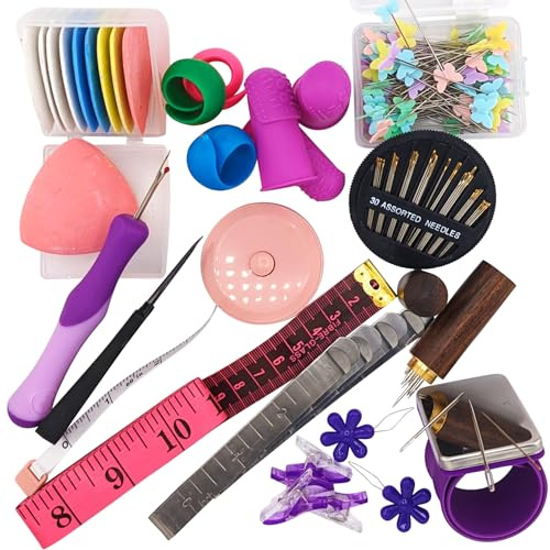 Hand Sewing Essential Kit | Featuring THIK-Grip Thimble [3 Sizes] | Including Needles (55) - Fabric Clips (4) - Pins (100) & More Supplies