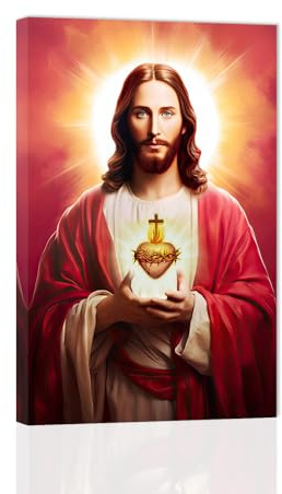 ZXHYWYM Christliches Wanddekor Heiliges Herz Jesu Bild auf Leinwand religiöser Gott Gemälde Glaube Druck für Wohnzimmer Schlafzimmer Dekoration mit Rahmen (30.00 x 45.00 cms)