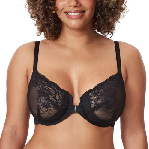 Delimira Women's Front Fastening Bras Lace Unlined Full Coverage Plus Size Sheer Plunge Underwire Bra Black 38E