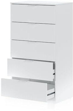 duehome | Comoda de 5 Cajones para Dormitorio, Modelo Akari, Acabado en Blanco Artik, Medidas: 60 cm (Largo) x 110 cm (Alto) x 40 cm (Fondo)