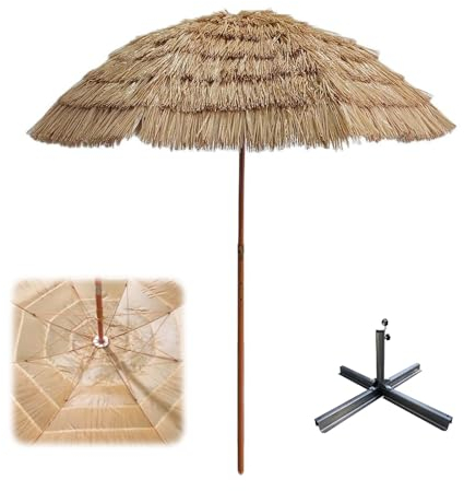 Sonnenschirm mit Ständer Einziehbares Design Sonnenschirm Hawaii Stroh Strandschirm Geeignet für Balkon Strand und Terrasse(Color:Natural F,Size:160CM)