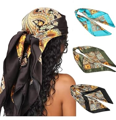 Generisk huvudduk för kvinnor, 3 stycken stor fyrkantig satin huvudduk halsduk satin huvuddukar sidenkänsla hårbandana, halsduk boho-huvudbonad, Flerfärgad d, 90x90cm