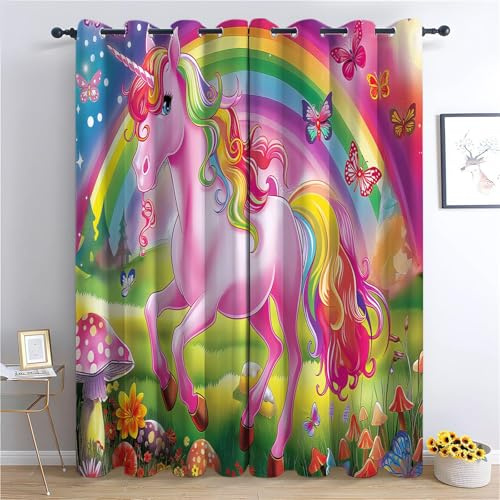 CozyRest Verdunklungsvorhänge Gardinen mit Ösen Blickdichte Vorhänge Lärmschutzvorhang für Kinderzimmer Thermo Gardinen mit Regenbogenfarbenes Langhaariges Einhorn Muster, 214 x 91.5 cm (HxB), 2er Set
