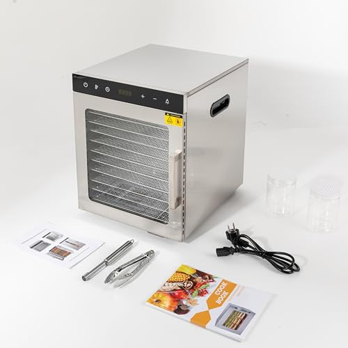 Dörrautomat, Dörrgerät Edelstahl 304, 800 Watt mit 10 Einlegefächer & LED-Anzeige & 86-194° F Temperaturregler & 1-24h Timer, Dörrautomat für Fleisch, Obst und Gemüse