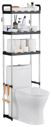 PORUGE Toilettenregal, 3-stufiges Aufbewahrung über der Toilette, Freistehendes Waschmaschinenregal aus Metall, Platzsparendes WC Regal Toilettenschrank für Bad, Toilette, Waschküche, Schwarz