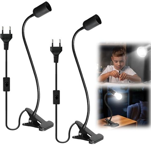 Vaileal 2 Stück Klemmleuchte: LED-Lampenfassung E27, E27 Lampenfassung mit Clip, Klemmlampe 360° Einstellbar Flexiblem Schwanenhals für Lesen Innen Beleuchtung, Bett Nachtlesen (Schwarz)
