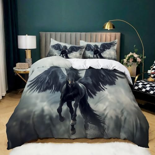 Bettbezug 220 cm X 240 cm Fantasie Tiere Geflügeltes Pferd Schwarz Grau – Bettwäsche Aus Mikrofaser, Strapazierfähig, Mit Reißverschluss Und Eckbändern, 3-Teiliges Set Inkl 2 Kissenbezüge 80X80 cm