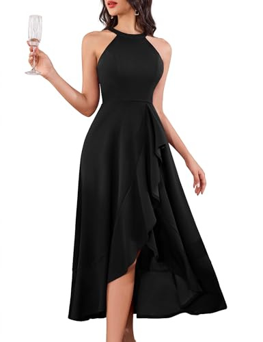 Halter A Line Wedding Guest Dresses for women high low midi dress Black L