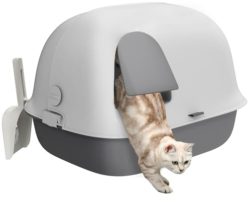 PawHut Bac à litière pour Chat, Maison de Toilette Chat, Canal Semi-fermés, avec Porte, Pelle, Toit Avant ouvrant, Trous pour la Chute du Sable, Nettoyage Facile, 58 x 46 x 39 cm, Gris Clair et Blanc