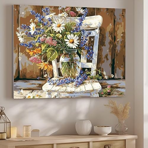 Malen nach Zahlen Erwachsene Vase, Malen nach Zahlen Stuhl DIY Handgemalt Ölgemälde Kit Hobby Erwachsene Kreativ Mit Pinseln und Acrylfarbe Knitterfreie Leinwand Kit, Home Wand Deko 30x40cm J-398