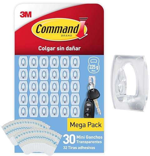 Command Mini-Haken selbstklebend, transparent, Vorteilspack – 30 Mini-Klebehaken und 32 kleine Klebestreifen – Dekorieren ohne Löcher und Bohren, hält bis zu 225 g