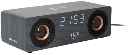 Karlsson Bluetooth-högtalare radio väckarklocka med LED-display och trådlös laddning (svart)