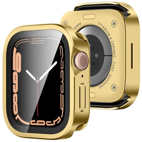 Amizee Metallfodral kompatibelt med Apple Watch Series 9/8/7 45 mm med härdat glas, ultratunn rak kant med heltäckande skyddshölje för iWatch 45 mm, guld