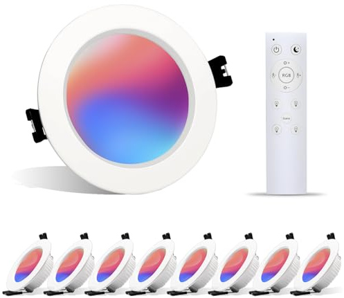 8er LED Einbaustrahler RGBW 7W 230V, smart Downlight dimmbar, Ø75-80mm | 2700K-6000K wählbar, warm und kaltweiss farbwechsel, App, Bluetooth-Steuerung, Alu, LED Spots für Küche, Bad, Wohnzimmer