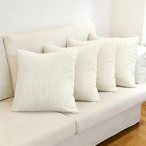 Longing Home Kissenbezug 45x45 Creme Serie, Kordsamt Dekokissen 4er Set | Kissenbezüge, Sofakissen, Dekokissenbezug, Kissenhülle deko, Weiche für Dekorative Sofa Schlafzimmer Wohnzimmer Balkon Kinder