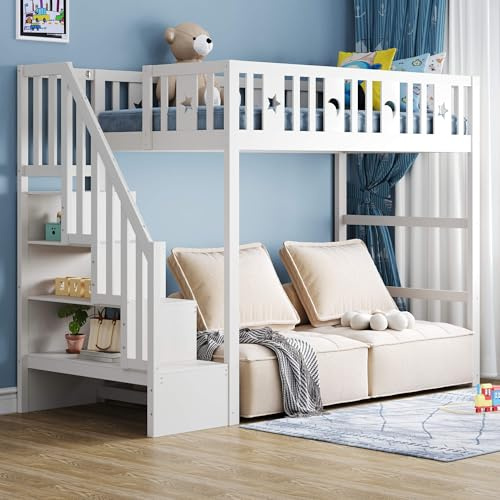 YCYDHDM Cama alta para niños de 90 x 200 cm con escalera y espacio de almacenamiento, litera con somier, diseño de valla de seguridad, cama para niños y adolescentes, estructura de madera de pino