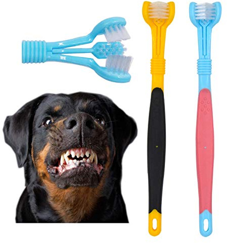 OperSeven Dog Toothbrushs, 2pcs Blue Yellow, Suitable for Adult Dogs, Three Sided Design for Easy Teeth Cleaning