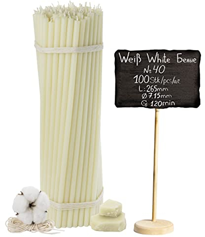 Diveevo Kirchliche Bienenwachskerzen №40-100 Stk. I hochwertige Ritualkerzen L-26,5 cm Ø-7,15 mm I 120 Min Brenndauer in weiß I 1 kg dünne Kerzen tropf- und rauchfrei